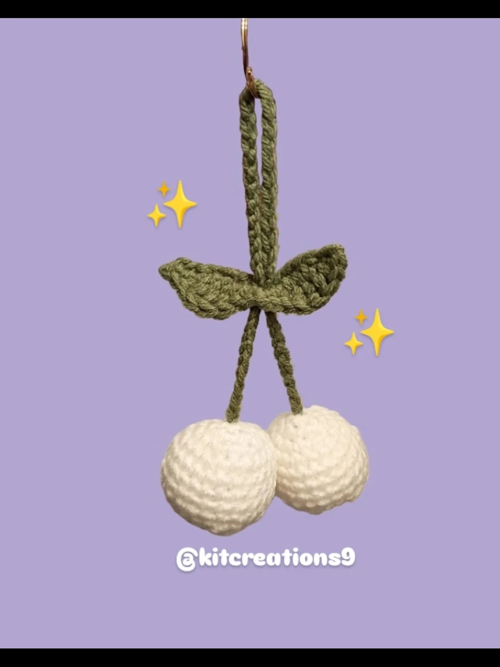 1pc Handmade Crochet Cherry Keychain - White & Green